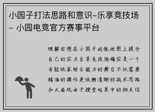 小园子打法思路和意识-乐享竞技场 - 小园电竞官方赛事平台
